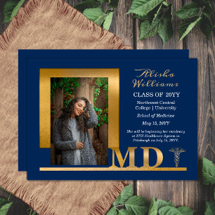 Classy Elegant Gold MD Caduceus 1 Photo Blue Aankondiging
