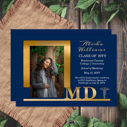 Classy Elegant Gold MD Caduceus 1 Photo Blue Aankondiging