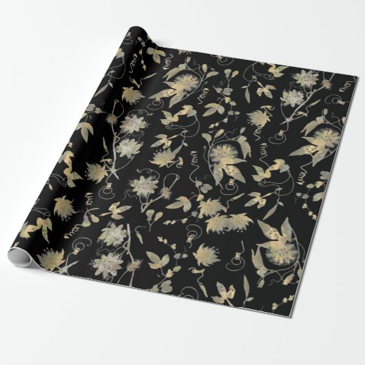 Classy Elegant Gold Passion Flowers op Black Cadeaupapier (Uitgerold)