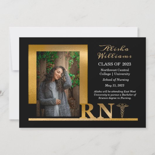 Classy Elegant Gold RN Caduceus 1 Photo Black Aankondiging (Voorkant)