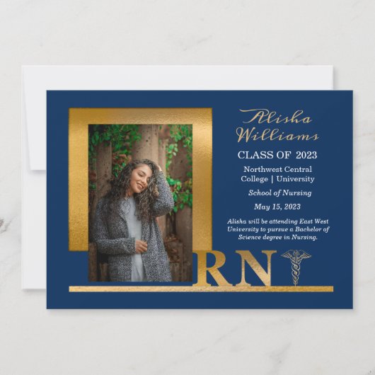 Classy Elegant Gold RN Caduceus 1 Photo Blue Aankondiging (Voorkant)