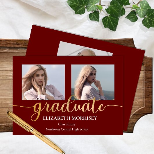 Classy Elegant Gold Script Text Afstuderen 3 Foto Aankondiging