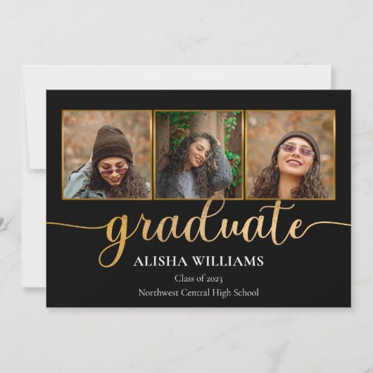 Classy Elegant Gold Script Text Afstuderen 4 Foto Aankondiging (Voorkant)