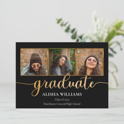 Classy Elegant Gold Script Text Afstuderen 4 Foto Aankondiging (Staand voorkant)