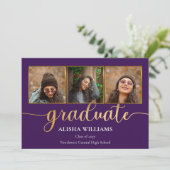 Classy Elegant Gold Script Text Afstuderen 4 Foto Aankondiging (Staand voorkant)