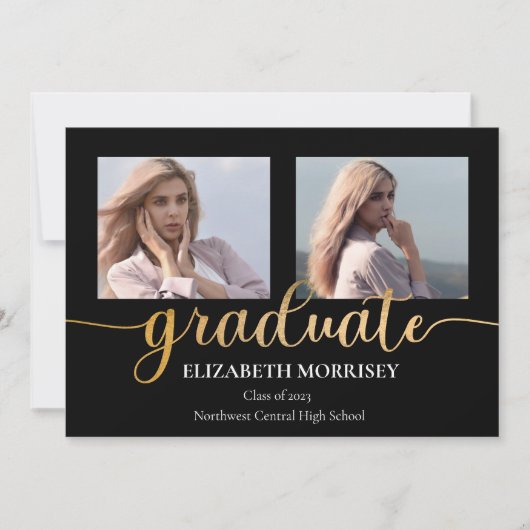 Classy Elegant Gold Script Text Graduate 3 Photo Aankondiging (Voorkant)