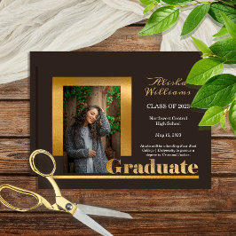 Classy Elegant Gold Text Afstuderen 1 Foto Brown Aankondiging