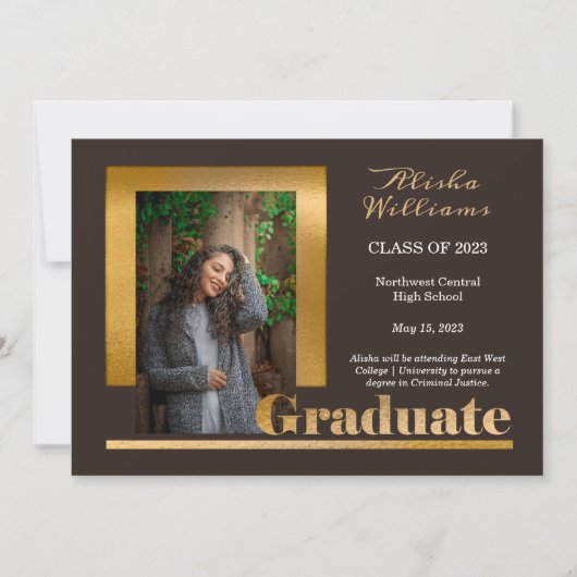 Classy Elegant Gold Text Afstuderen 1 Foto Brown Aankondiging (Voorkant)