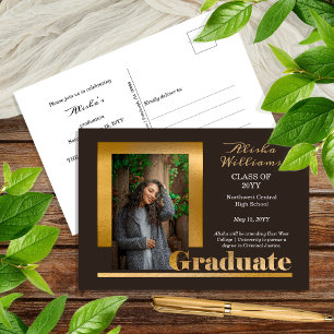 Classy Elegant Gold Text Afstuderen 1 Foto Brown Briefkaart