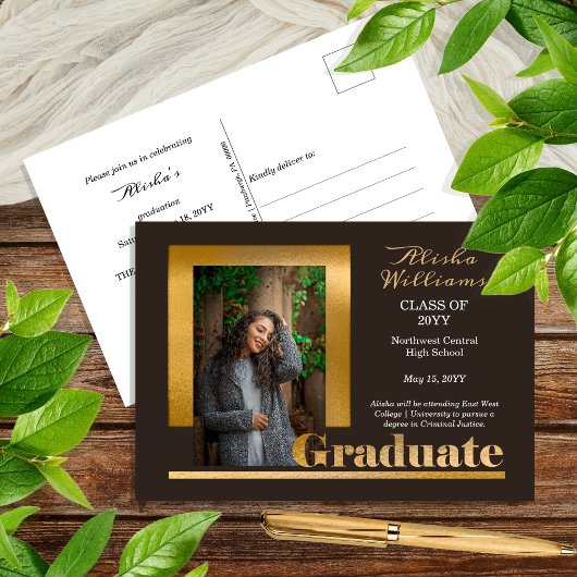 Classy Elegant Gold Text Afstuderen 1 Foto Brown Briefkaart