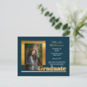 Classy Elegant Gold Text Afstuderen 1 Foto Dk Blau Briefkaart (Staand voorkant)