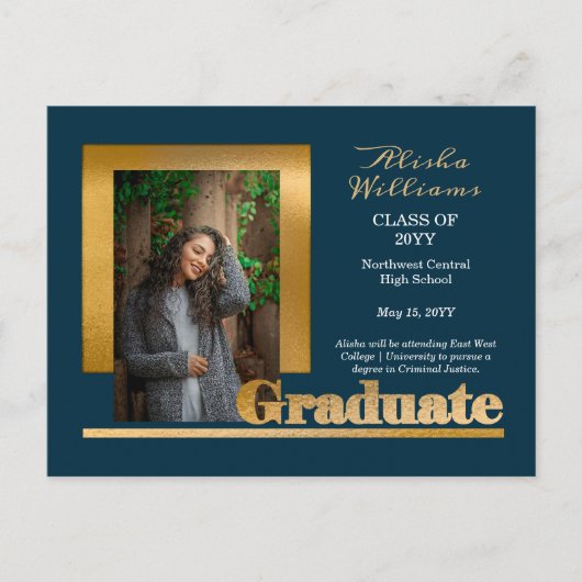 Classy Elegant Gold Text Afstuderen 1 Foto Dk Blau Briefkaart (Voorkant)