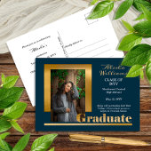 Classy Elegant Gold Text Afstuderen 1 Foto Dk Blau Briefkaart