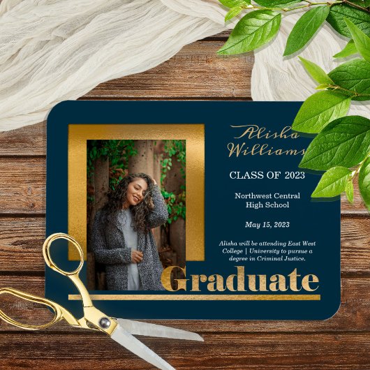 Classy Elegant Gold Text Afstuderen 1 Foto Dk Blau Magneet