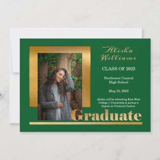 Classy Elegant Gold Text Afstuderen 1 Foto groen Aankondiging (Voorkant)