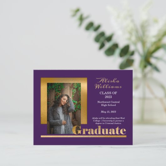 Classy Elegant Gold Text Afstuderen 1 Foto Paars Briefkaart (Staand voorkant)