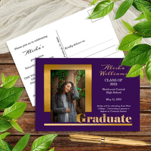 Classy Elegant Gold Text Afstuderen 1 Foto Paars Briefkaart