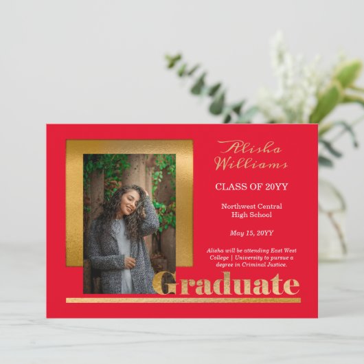 Classy Elegant Gold Text Afstuderen 1 Foto rood Aankondiging (Staand voorkant)