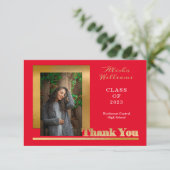 Classy Elegant Gold Text Afstuderen 1 Foto rood Bedankkaart (Staand voorkant)