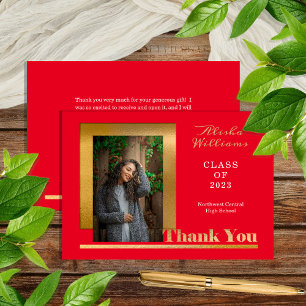 Classy Elegant Gold Text Afstuderen 1 Foto rood Bedankkaart