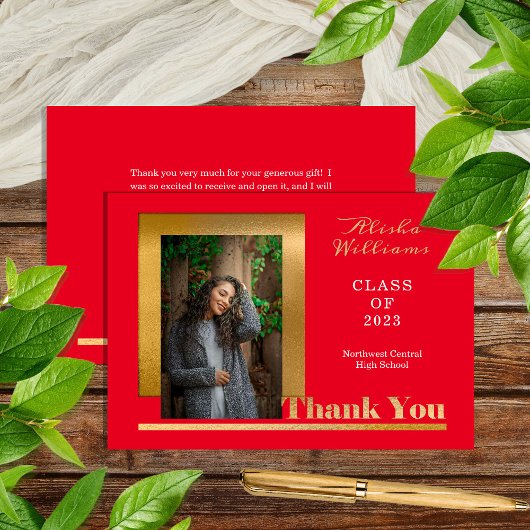 Classy Elegant Gold Text Afstuderen 1 Foto rood Bedankkaart