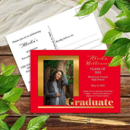 Classy Elegant Gold Text Afstuderen 1 Foto rood Briefkaart