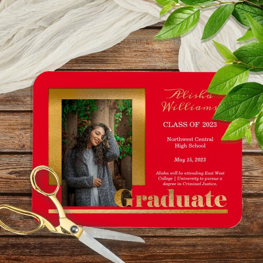 Classy Elegant Gold Text Afstuderen 1 Foto rood Magneet