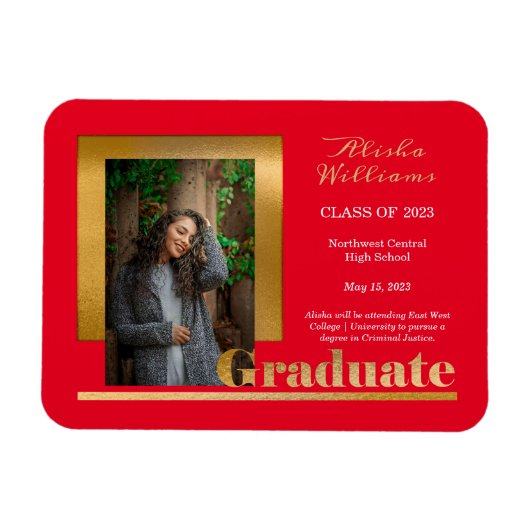 Classy Elegant Gold Text Afstuderen 1 Foto rood Magneet (Horizontaal)