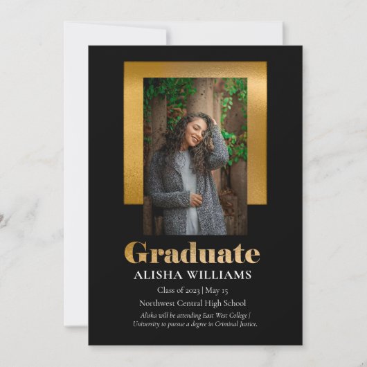 Classy Elegant Gold Text Afstuderen 1 Foto zwart Aankondiging (Voorkant)