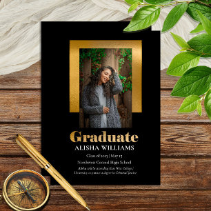 Classy Elegant Gold Text Afstuderen 1 Foto zwart Aankondiging