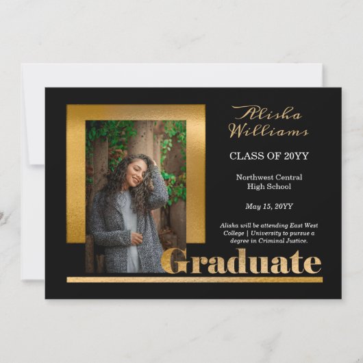 Classy Elegant Gold Text Afstuderen 1 Foto zwart Aankondiging (Voorkant)