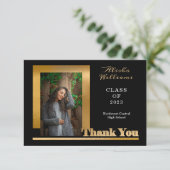 Classy Elegant Gold Text Afstuderen 1 Foto zwart Bedankkaart (Staand voorkant)