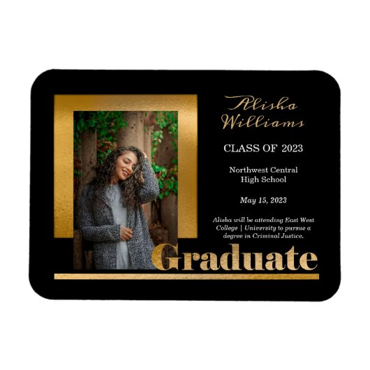 Classy Elegant Gold Text Afstuderen 1 Foto zwart Magneet (Horizontaal)