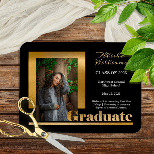 Classy Elegant Gold Text Afstuderen 1 Foto zwart Magneet
