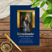 Classy Elegant Gold Text Afstuderen 1 Photo Blue Aankondiging