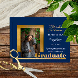 Classy Elegant Gold Text Afstuderen 1 Photo Blue Aankondiging