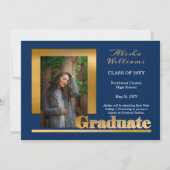 Classy Elegant Gold Text Afstuderen 1 Photo Blue Aankondiging (Voorkant)