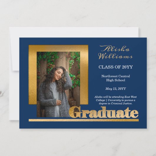Classy Elegant Gold Text Afstuderen 1 Photo Blue Aankondiging (Voorkant)