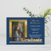 Classy Elegant Gold Text Afstuderen 1 Photo Blue Aankondiging (Staand voorkant)