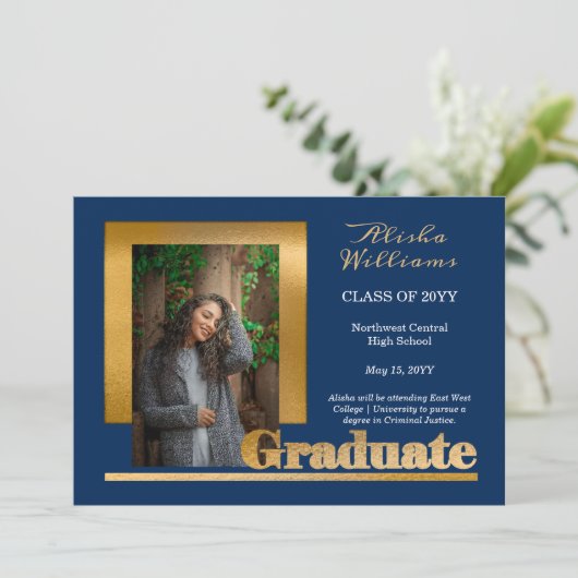 Classy Elegant Gold Text Afstuderen 1 Photo Blue Aankondiging (Staand voorkant)