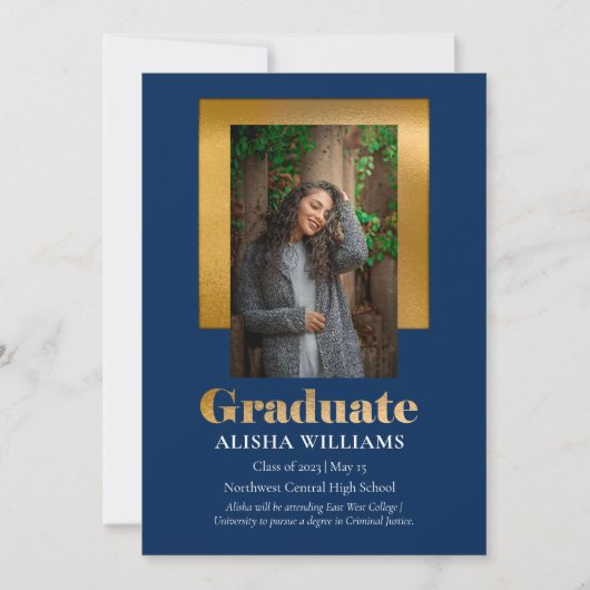 Classy Elegant Gold Text Afstuderen 1 Photo Blue Aankondiging (Voorkant)