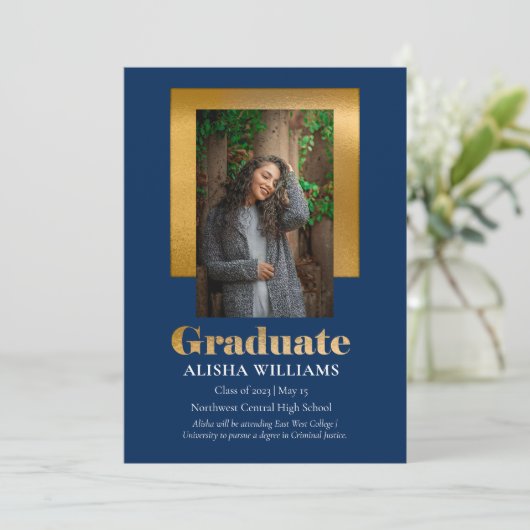Classy Elegant Gold Text Afstuderen 1 Photo Blue Aankondiging (Staand voorkant)