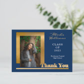Classy Elegant Gold Text Afstuderen 1 Photo DK Blu Bedankkaart (Staand voorkant)
