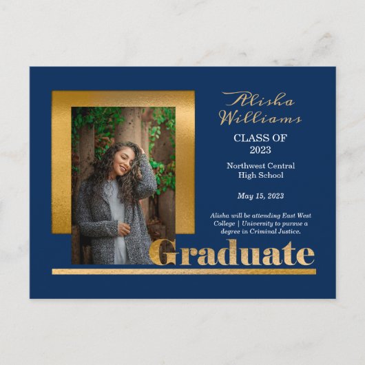 Classy Elegant Gold Text Afstuderen 1 Photo DK Blu Briefkaart (Voorkant)