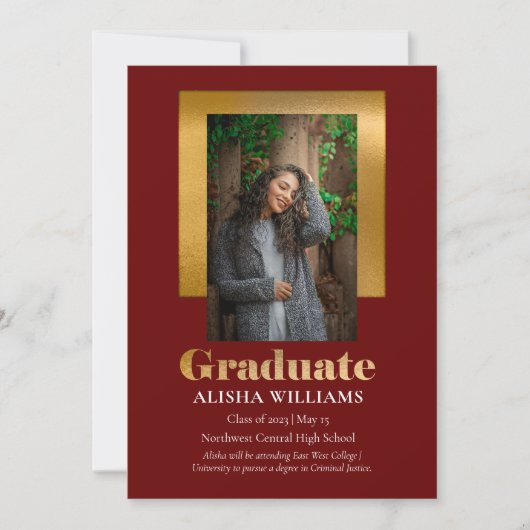 Classy Elegant Gold Text Afstuderen 1 Photo Maroon Aankondiging (Voorkant)