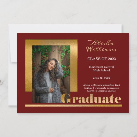 Classy Elegant Gold Text Afstuderen 1 Photo Maroon Aankondiging (Voorkant)