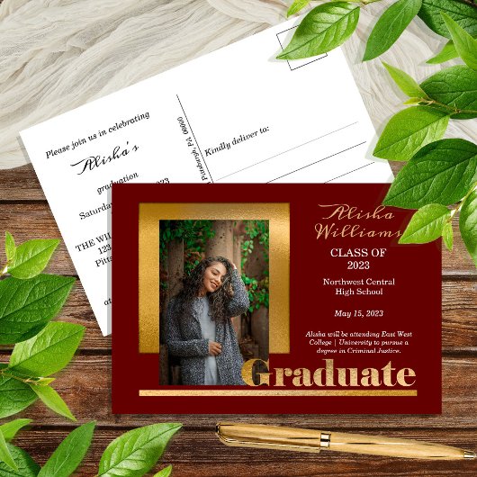 Classy Elegant Gold Text Afstuderen 1 Photo Maroon Briefkaart
