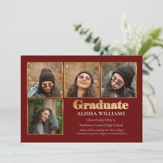 Classy Elegant Gold Text Afstuderen 4 Foto Aankondiging (Staand voorkant)