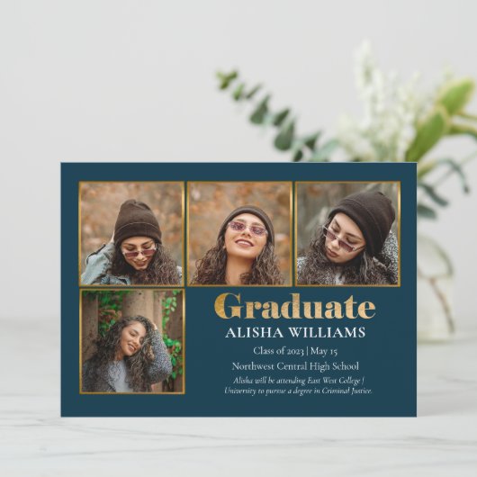 Classy Elegant Gold Text Afstuderen 4 Foto Aankondiging (Staand voorkant)