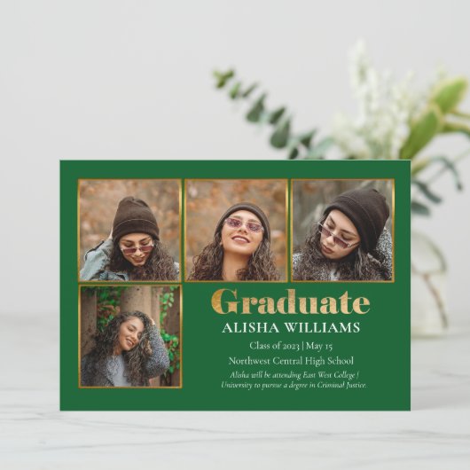 Classy Elegant Gold Text Afstuderen 4 Foto konounc Aankondiging (Staand voorkant)